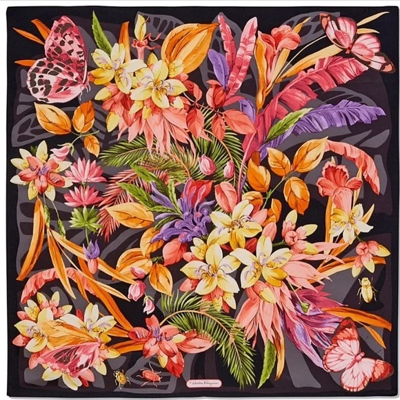 New Salvatore Ferragamo Scarf Butterfly Flora Black 
